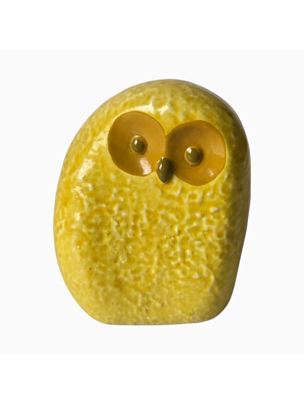 Small Yellow Ceramic Owl Figurine Textured Bird Gold Tone Eyes Home Decor 3”